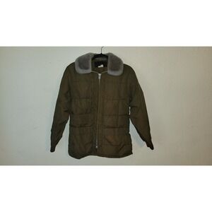 Vintage Goose Down Jacket Olive Green Faux Fur Collar Quilted Zip Up Size L